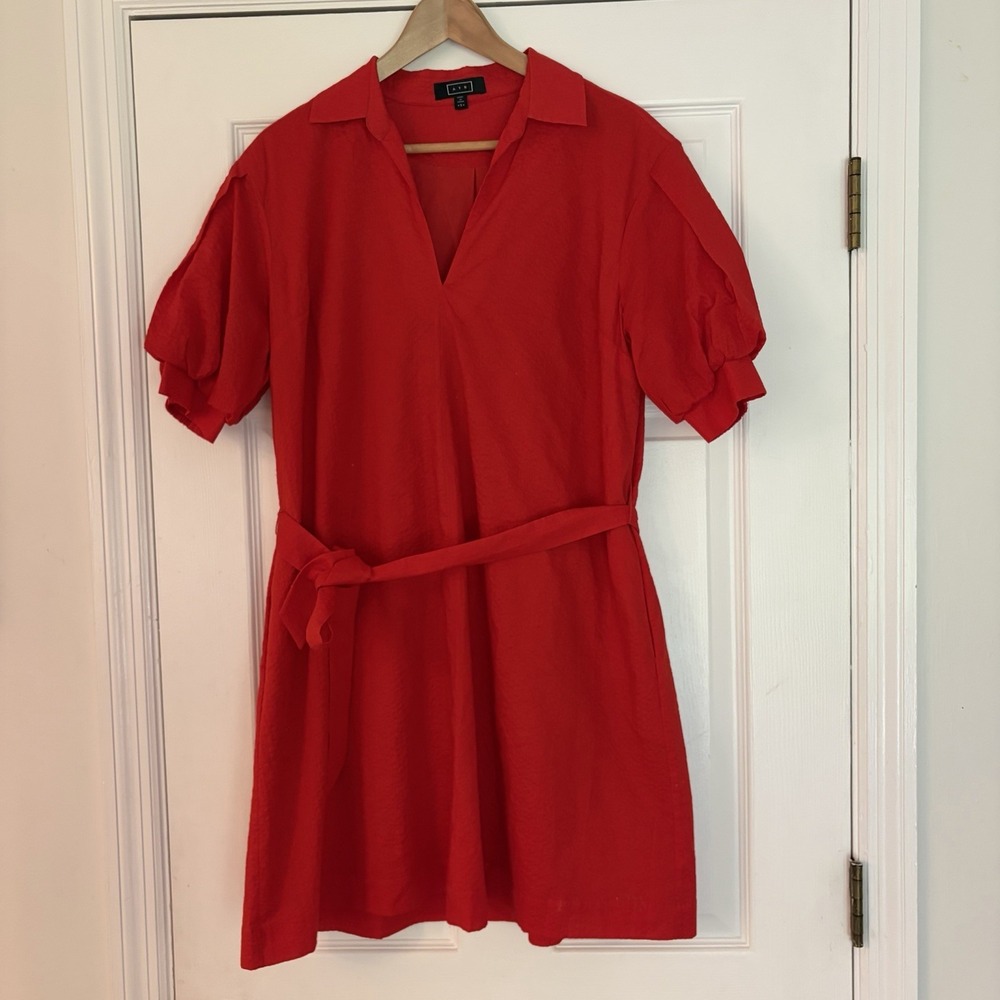 AYR Small Dress Red Tie-Waist Puff Sleeve Cotton Mini Shirt Wedding Short Sleeve